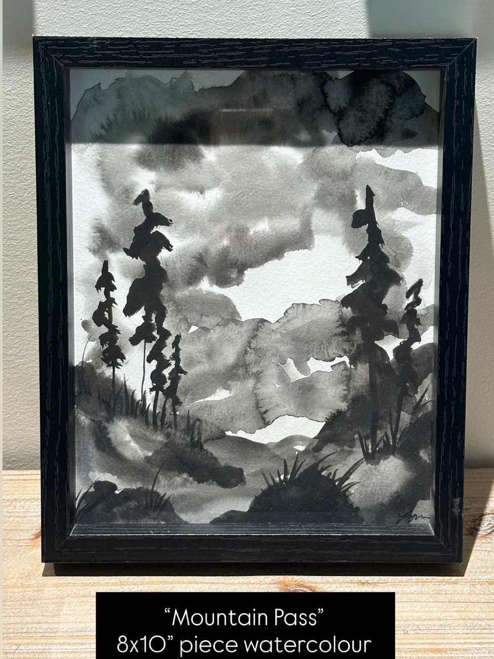 Original Black & White Watercolor Wall Art in black frame